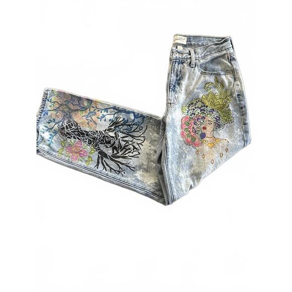 Women's Artistic Hand-Painted Distressed Acid Wash Jeans | Size 4 - Picture 2 of 9